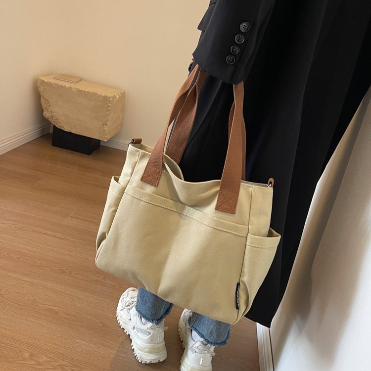 【严选好物】大学生上课帆布包包女2025新款休闲通勤大容量单肩斜 卡其色【12安】 34*14*28