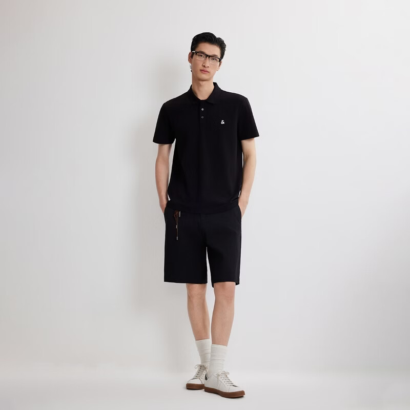 杰克·琼斯（JACK&JONES）26年男装春季新款polo衫男士商务休闲简约纯色刺绣翻领短袖t恤 E43纯黑色 常规 L （180）