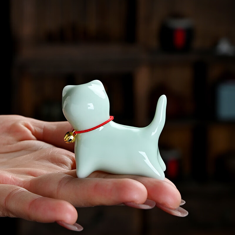 山头林村陶瓷可爱小猫咪摆件动物微景观茶宠室内桌面装饰茶具配件茶玩批发 萌猫摆件青色