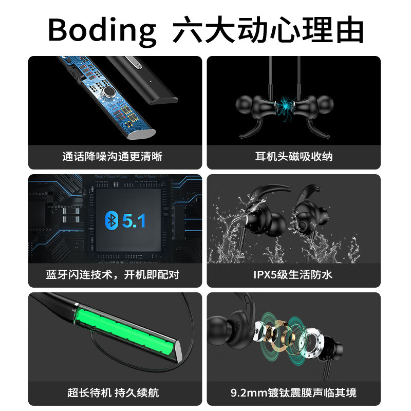 金声动音无线蓝牙运动耳机挂脖式蓝牙耳机耳塞手机电脑耳机产品礼物耳麦无线耳机立体声长续航听音乐低延迟 黑色