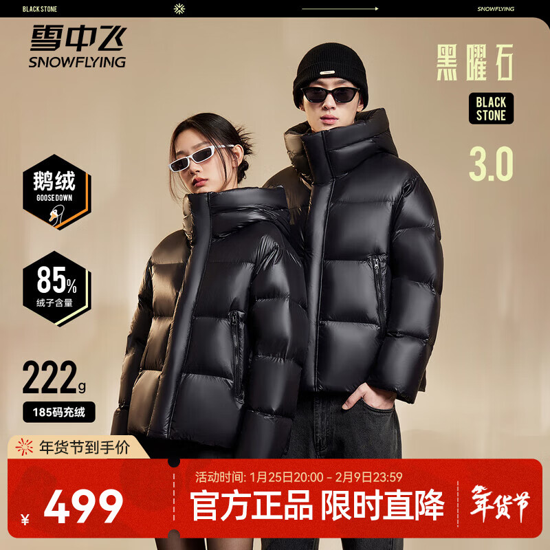 雪中飞新款黑曜石经典3.0男女情侣鹅绒羽绒服保暖加厚防寒宽松廓形时尚 黑色|8056 XS 160/84A
