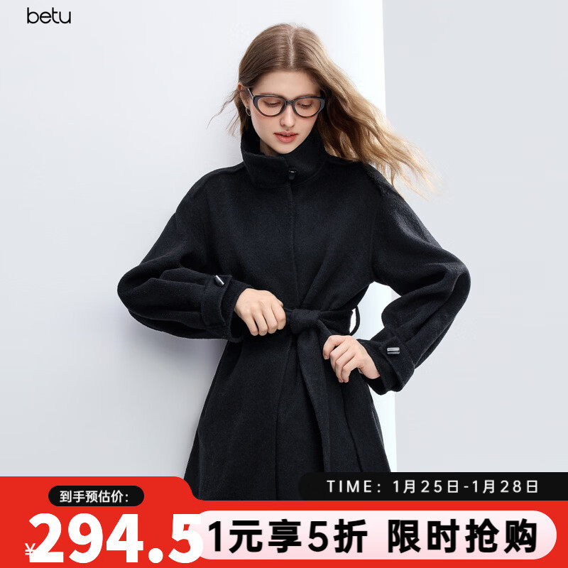 百图（betu）女装2025年冬季新款毛呢外套100%绵羊毛高级感毛呢大衣女2511T13 黑色 M