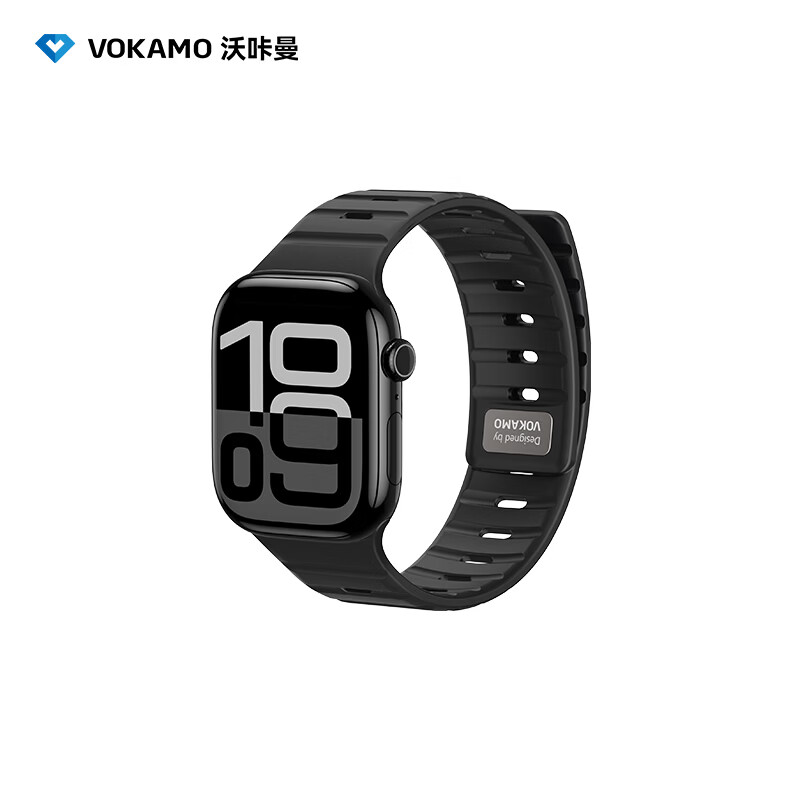 VOKAMO沃咔曼适用Apple watch S11/10/9硅胶磁吸表带透气金属卡扣iwatch Ultra3/2苹果手表腕带夏日运动 黑色 44/45/46/49MM