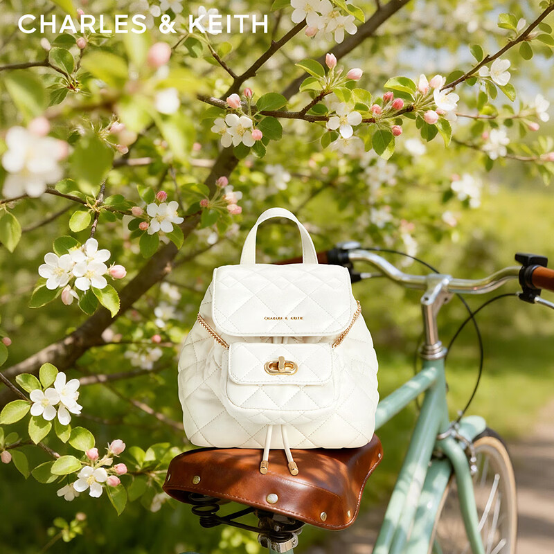 CHARLES&amp;KEITH菱格大容量柔软多用背包书包双肩包包女包生日礼物CK2-60151400 Cream奶白色 S