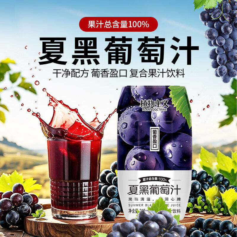 植物主义夏黑葡萄汁12瓶100%果汁干净配方0添加剂0蔗糖添加复合果汁饮料品 夏黑葡萄汁210ML*12瓶整箱（100%果汁）