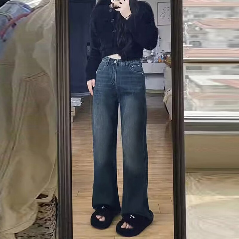 WAMLBN秋冬美式复古大码胖mm百搭显瘦加绒加厚牛仔裤女气质微喇裤韩版潮 黑灰色（加绒） 2XL