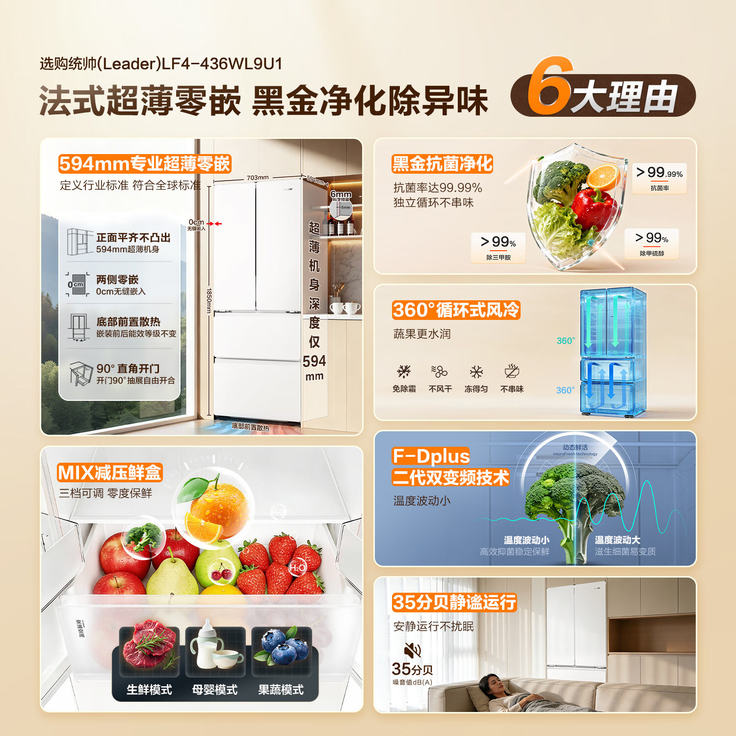 统帅海尔冰箱出品国家补贴416升法式多门四门冰箱 594mm薄零嵌冰箱 黑金净化三档变温一级能效电冰箱 LF4-436WL9U1