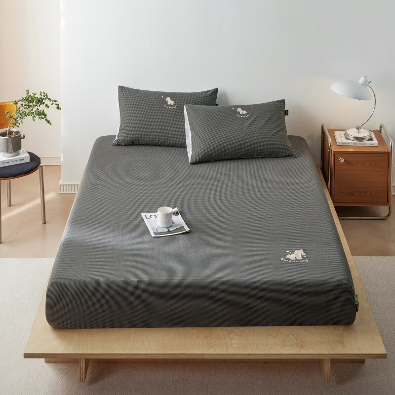 ROLAND LIVE全棉色织水洗棉刺绣单床笠文艺风小格子床笠枕套三件套床垫保护罩 KZ 全棉水洗棉床笠-马上幸运 单床笠120*200cm