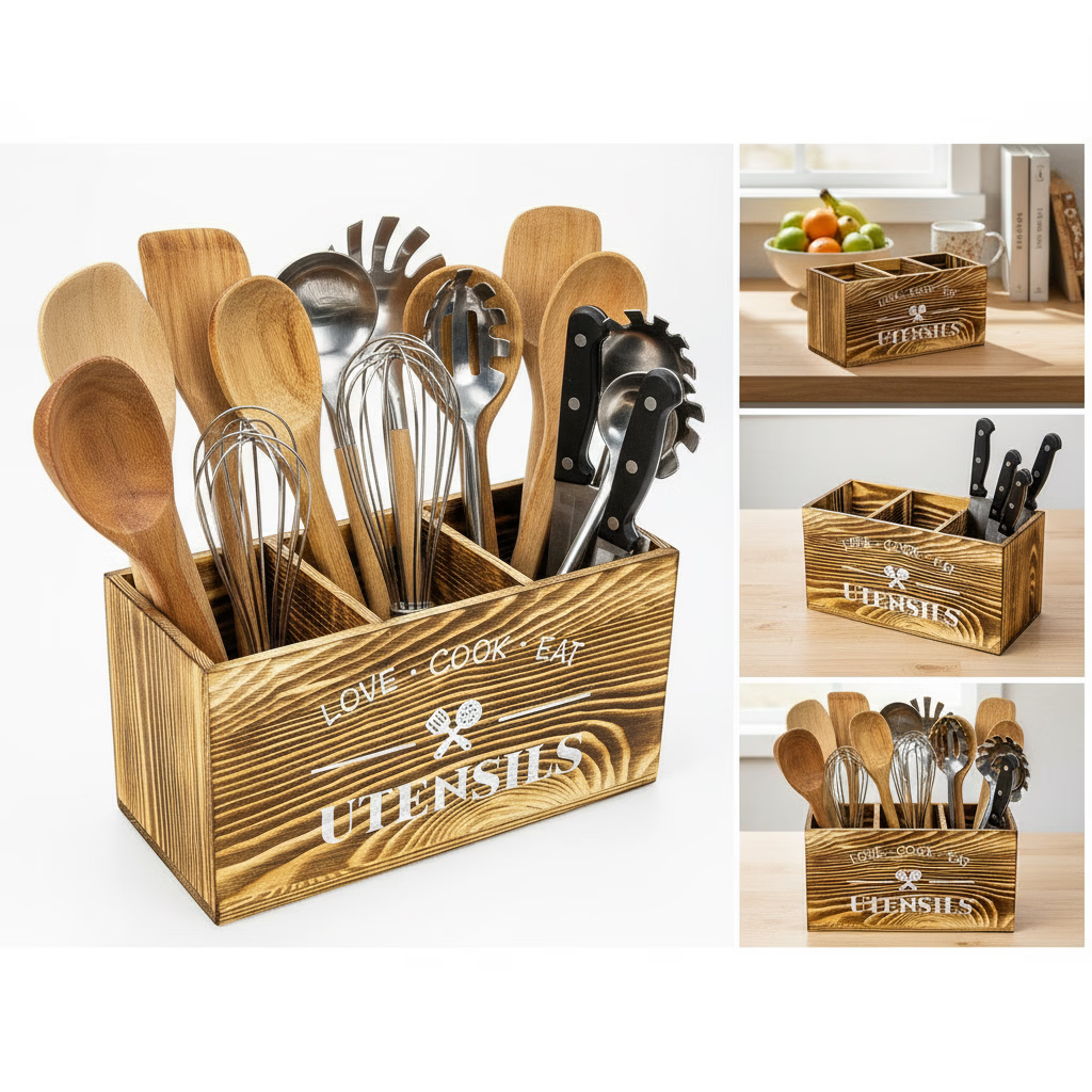 欧式刀叉收纳盒 家用厨房分格分类木质整理盒 筷子勺子餐具置物架 灰色(长30CM,宽12CM,高17CM)