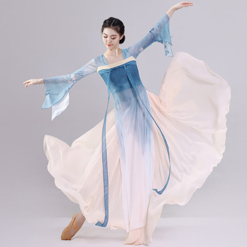 汉服古典舞舞蹈服女身韵纱衣汉唐齐胸飘带古风飘逸 山海蓝单纱衣 S