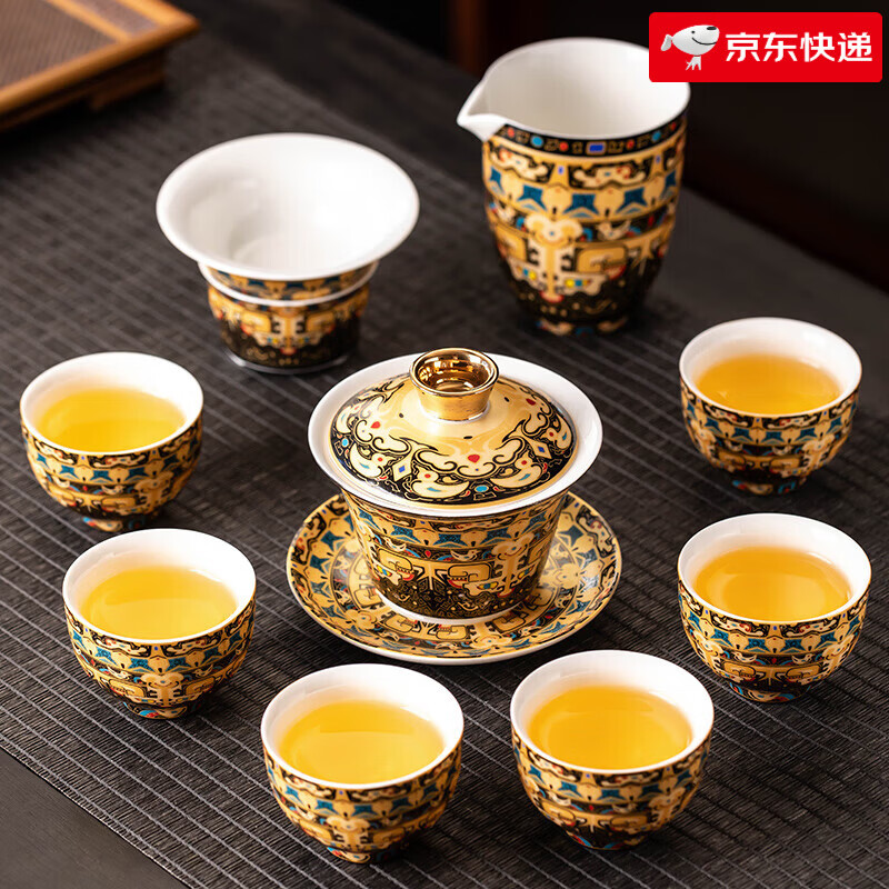 瓷牌茗茶具羊脂玉功夫茶具家用辦公高檔陶瓷懸停蓋碗茶壺茶杯泡茶送禮整套 羊脂玉唐卡懸停蓋碗套 10件