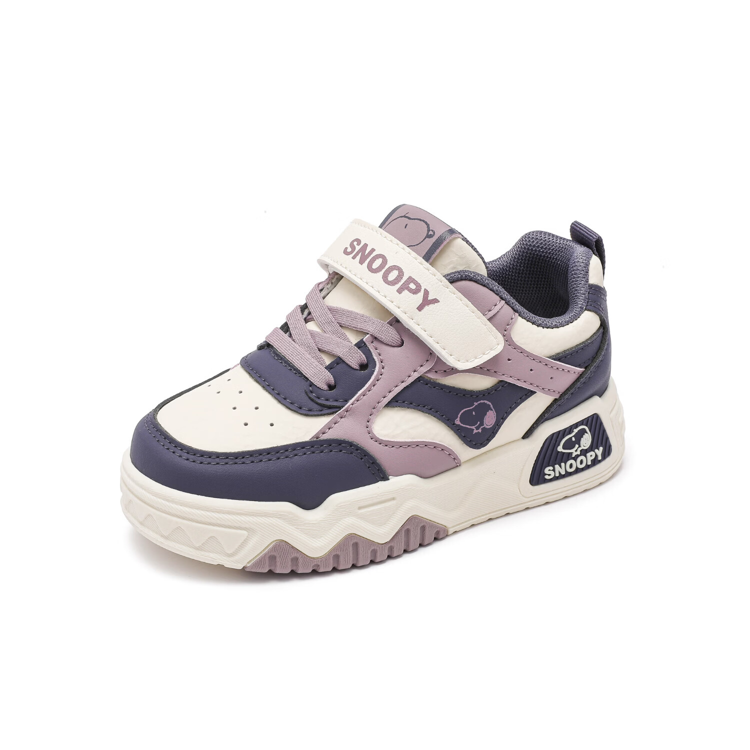 史努比童鞋男童软底低帮板鞋皮面防水2026春季新款休闲百搭中大童运动鞋 米/紫 38 内长24.3/脚长23.3