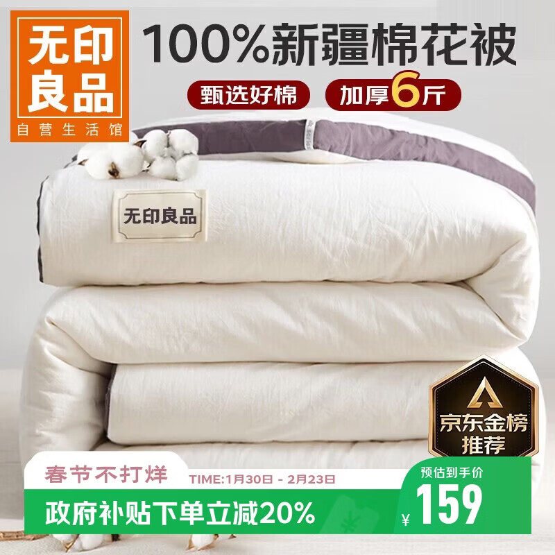 无印良品A类100%新疆纯棉花被子 春秋空调被芯 冬季棉被加厚6斤 200*230cm
