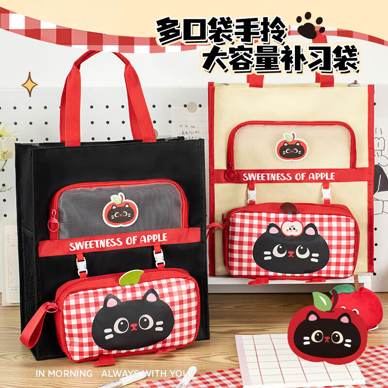 少年伴补习袋 学生用大容量手提袋高颜值可爱卡通黑猫收纳袋旅行收纳袋补习袋补课学生包 黑猫9773