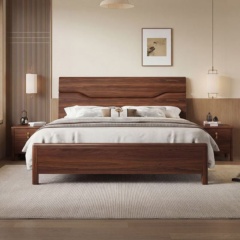 桓伊筝北美黑胡桃木实木床现代简约1.8米双人床主卧家用储物婚床 实木单床 1.8*2米 家具结构 卡槽静音松木床板
