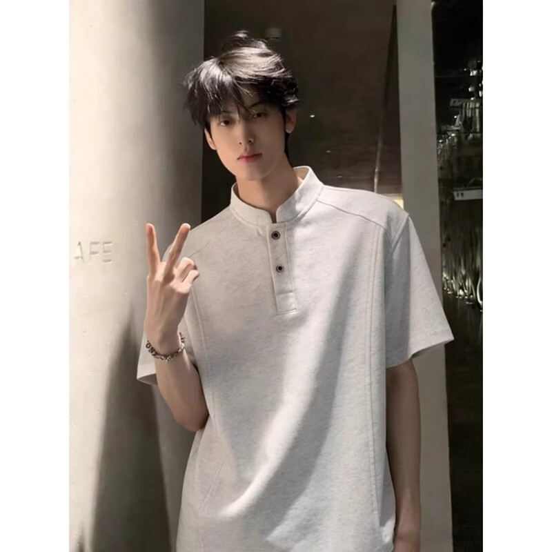 迪伽达美式亨利领t恤男士潮新款夏季cleanfit立领短袖简约大码polo上衣 JCDM-DT6155白灰色 XL