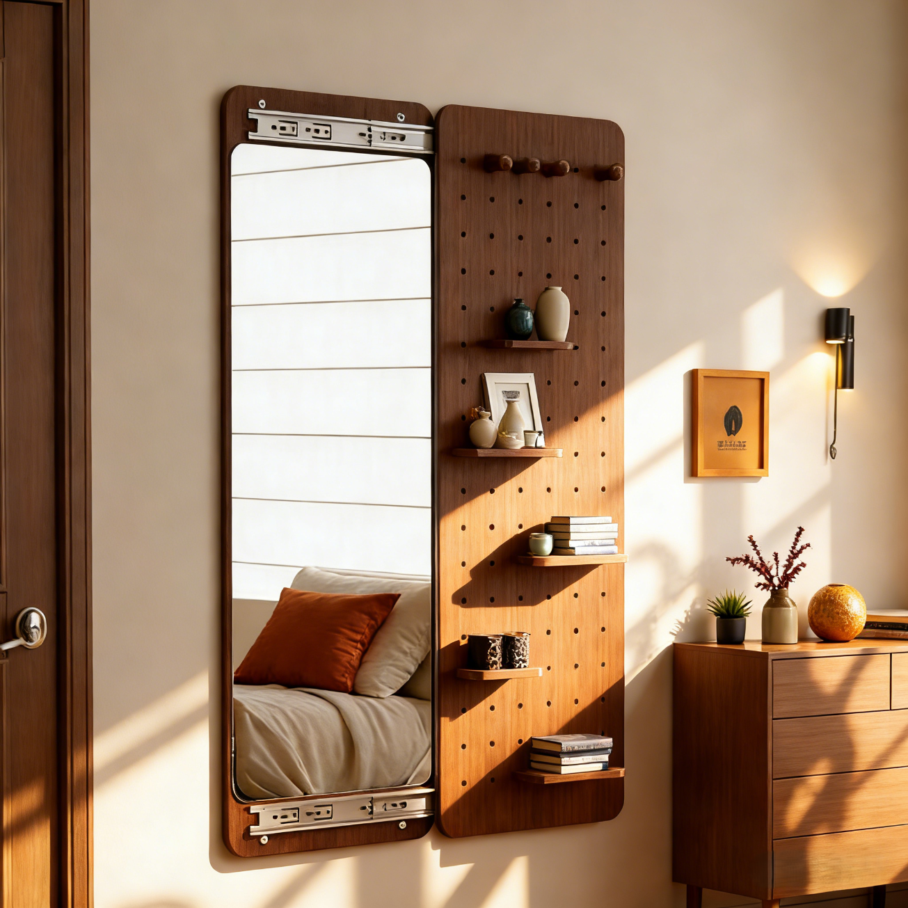 诗元实木洞洞板穿衣镜一体隐形推拉可关闭隐藏入户门口装饰玄关全身镜 【实木-橡胶木】胡桃色-高150cm宽30cm