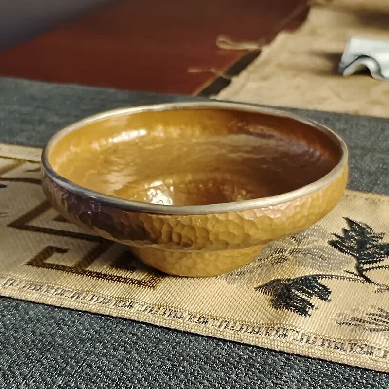 日式复古纯紫铜包锡边投茶器手工锤纹茶滤漏斗茶漏导茶器茶具配件 包锡边投茶器(黄色)