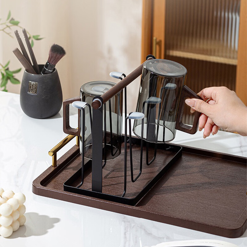 客厅茶杯架挂架家用置物架创意水杯倒挂沥水架铁艺六只装茶杯架子 胡桃木铁艺杯架（带防滑胶套） 1个