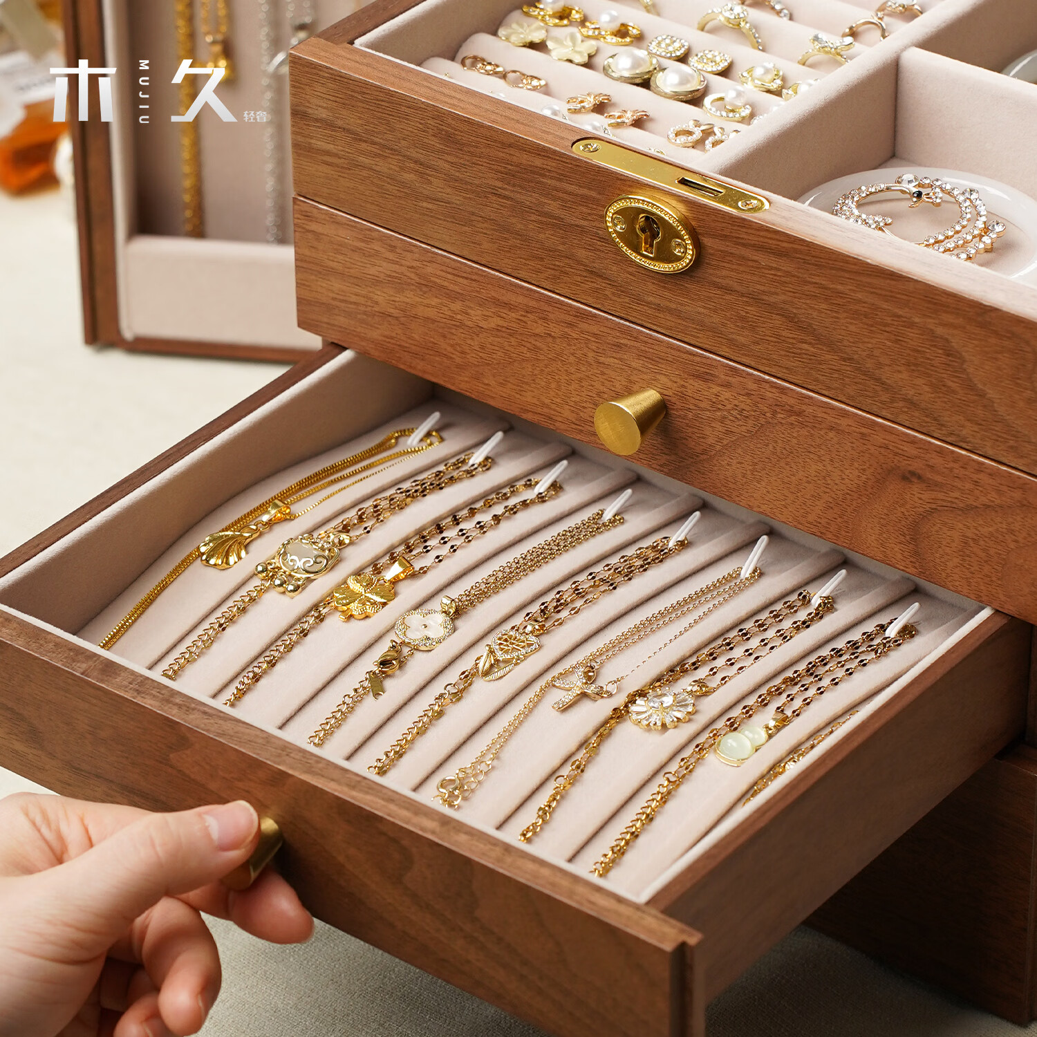 木久梳妆台首饰盒新婚礼物盒桌面置物架项链饰品储物柜首饰收纳盒 四层首饰盒 【带锁带镜子】
