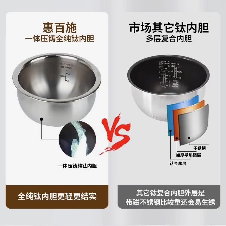 惠百施原装全纯钛内胆电饭锅无涂层医用级别电饭煲家用锅低糖纯钛电饭煲多功能智能预约 单锅十内胆