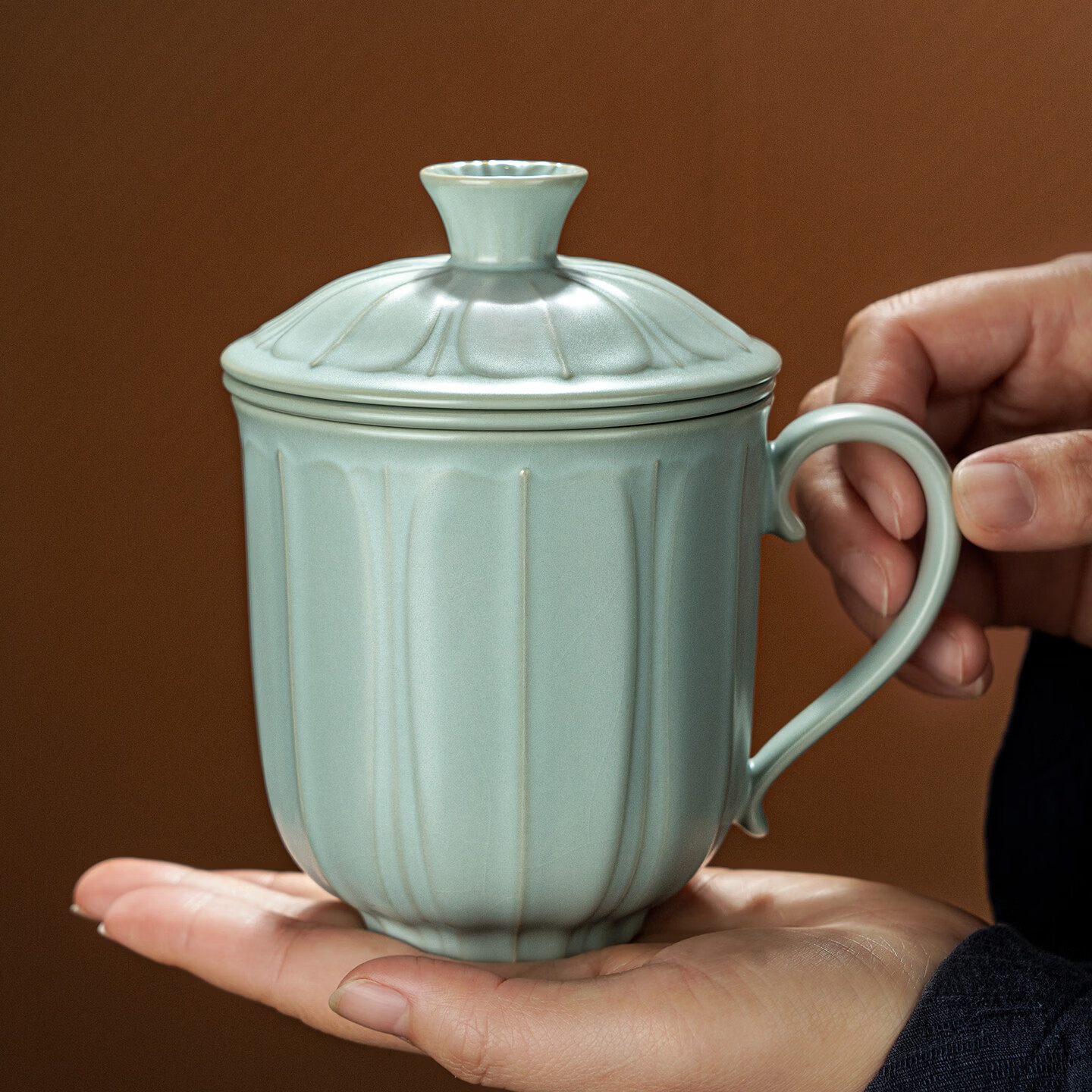 青澹墨雅汝窑茶杯茶具景德镇办公室家用泡茶高档水杯可养纯手工复古汝瓷杯 莲纹办公杯390ml