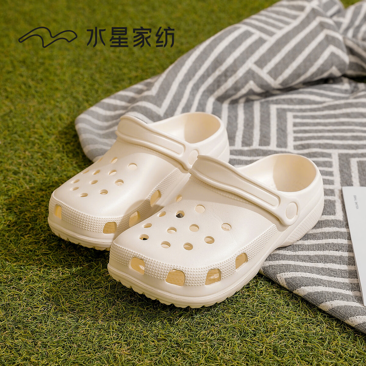 水星家纺洞洞鞋女士夏季新款外穿DIY包头凉鞋厚底休闲运动沙滩情侣拖鞋男 深黑色+小雏菊 36-37 【适合35-36码脚】