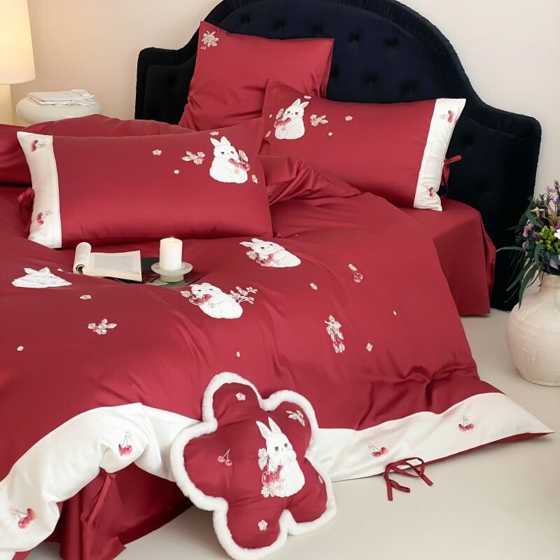 ROLAND LIVE全棉刺绣四件套可爱风纯棉被套床单透气1.8m床亲肤床上用品套件 MX 全棉四件套-樱兔蜜语红色 1.5米床 床单款 【被套200*230cm】