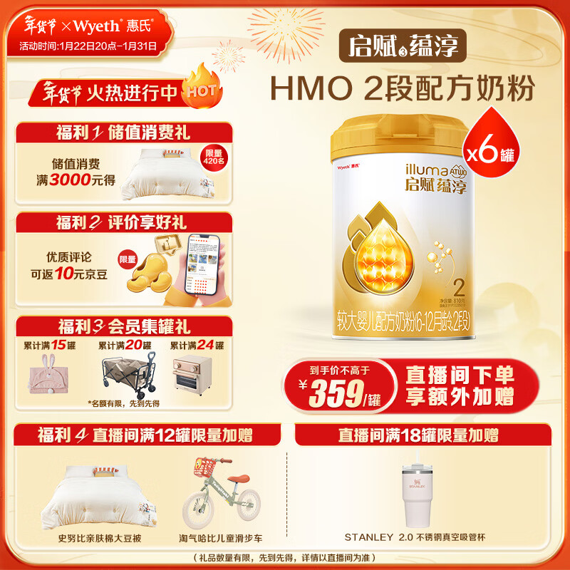 惠氏（Wyeth）启赋蕴淳A2进口HMO较大婴儿配方奶粉2段（6-12月）810g*6罐