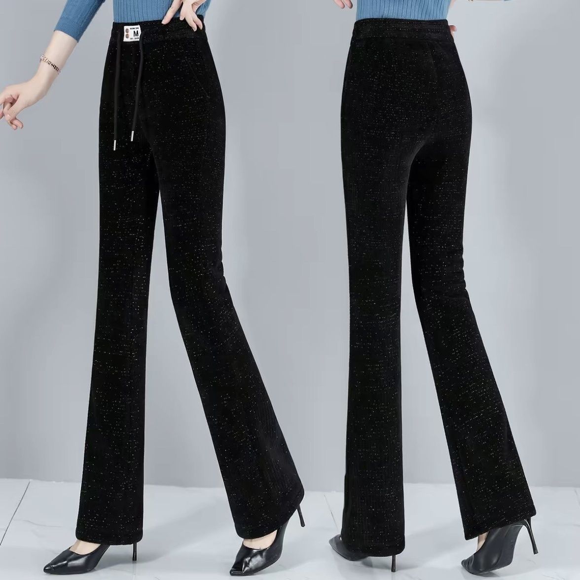 高腰加绒加厚喇叭裤女秋冬新款保暖休闲裤宽松显瘦松紧微喇裤百搭 黑色 【加绒款】 M 【建议95-105斤】