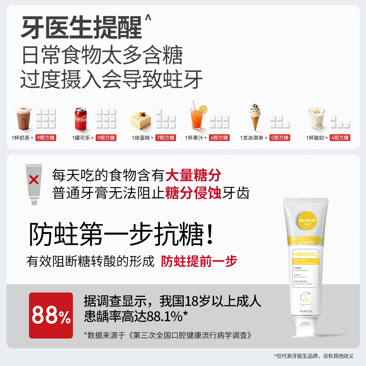 牙医生(Yaeason)高含氟防蛀牙膏德国进口奥拉氟强健牙釉质男女学生热销榜抗糖防龋 【推荐装】防蛀抗糖牙膏 120g*2支 甜食蛀牙轻松应对 高含量1450ppm三重氟配方