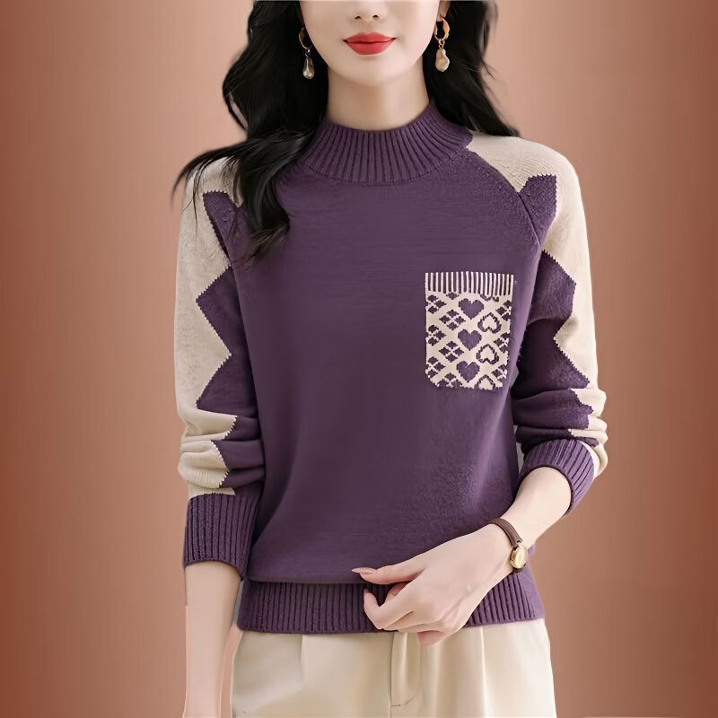 女士洋气大码加厚秋冬新款拼色毛衣针织衫时尚提花显瘦百搭半高领 紫色 3XL 135-145斤