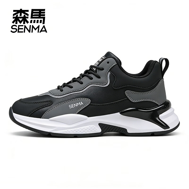 森馬（senma）男士时尚休闲皮面运动鞋潮流百搭厚底防滑跑步鞋 黑色 41