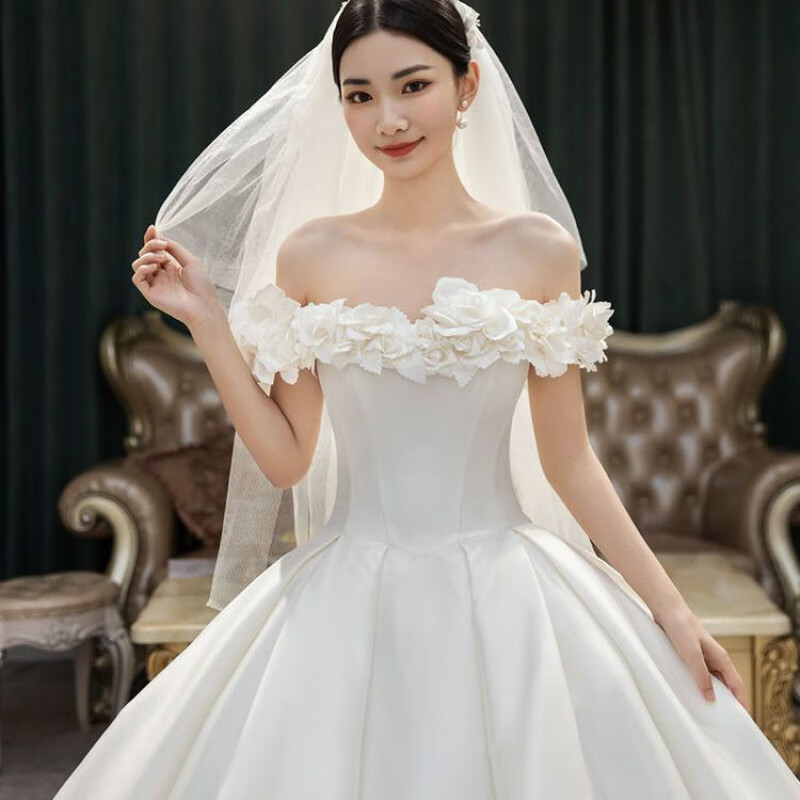 舒凯乐婚纱新娘主纱缎面一字肩婚纱礼服2023新娘主纱复古缎面质感大