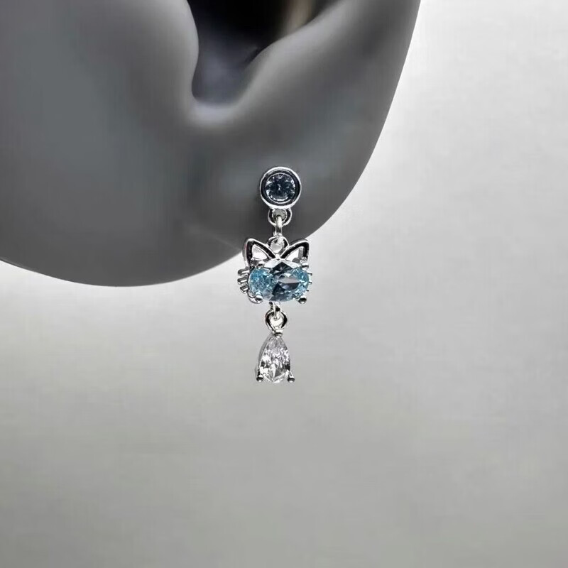 KZD老凤凰Vintage古着灵猫钛钢耳骨钉小众设计独特ins风猫咪吊坠耳饰 灵猫钛钢螺旋钉【一对】蓝色