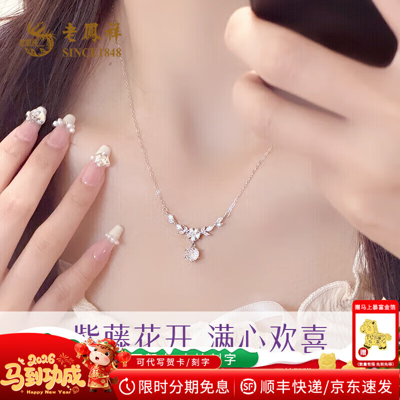 老凤祥爆闪紫藤花S925银项链女款吊坠新年情人节生日礼物送女生女友老婆 爆闪紫藤花项链+品牌礼盒