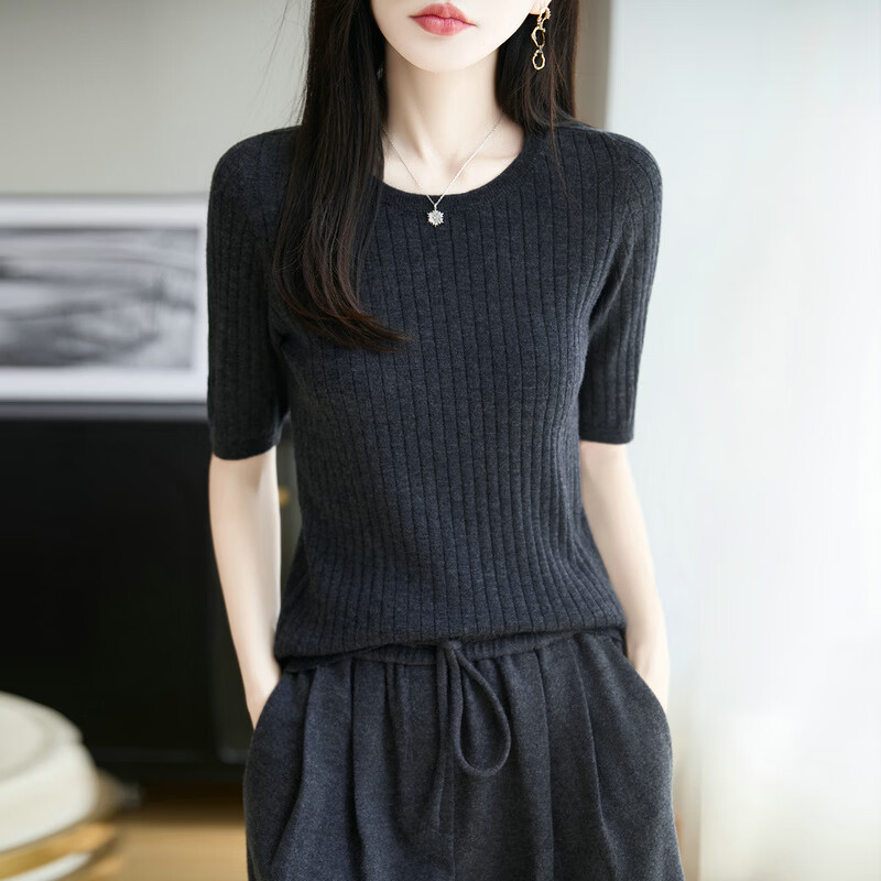 牧兰奴卡精纺纯羊毛薄款圆领短袖女2026春夏新款短袖t恤内搭打底衫针织衫 青灰色 M