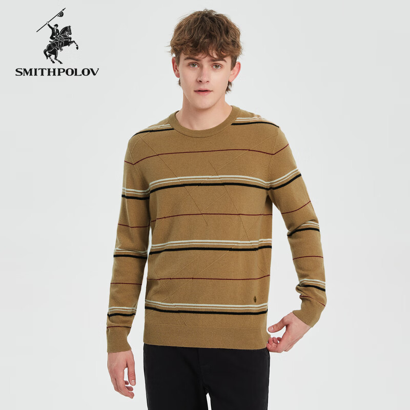 斯密特保罗（SMITHPOLOV）冬季新款条纹羊毛衫男圆领羊绒衫针织衫毛衣 卡其色 S