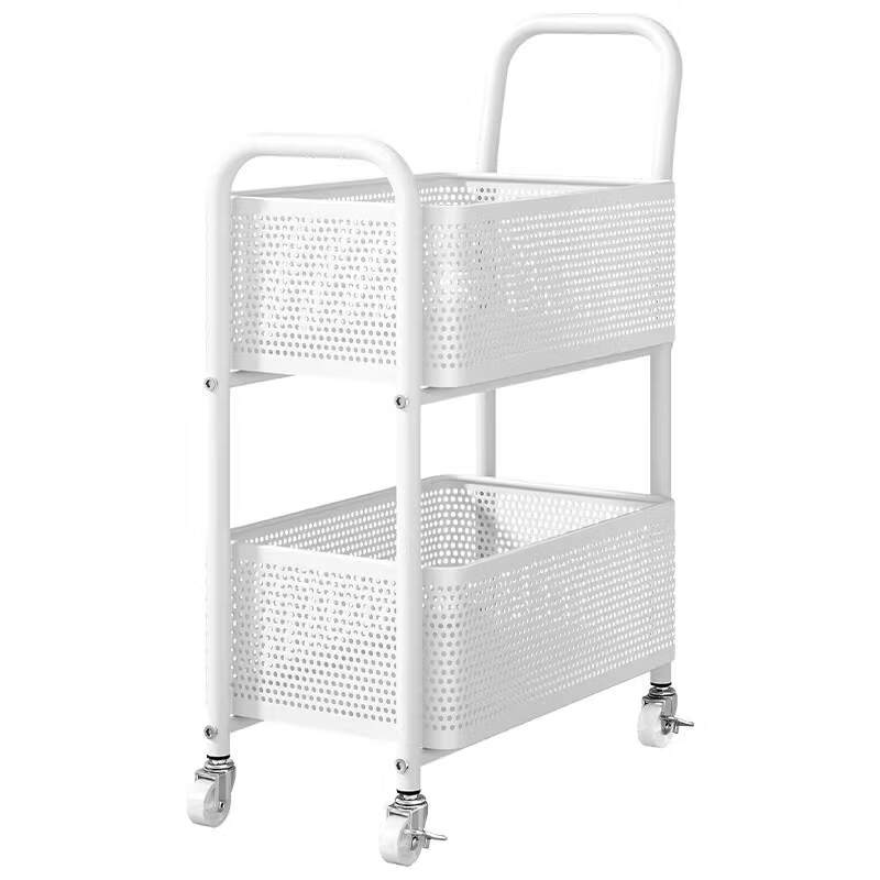 木樽小推车置物架学生用品收纳柜落地可移动书包架多层书本零食储物架 【加高扶手】两层米黄 带贴纸置物架