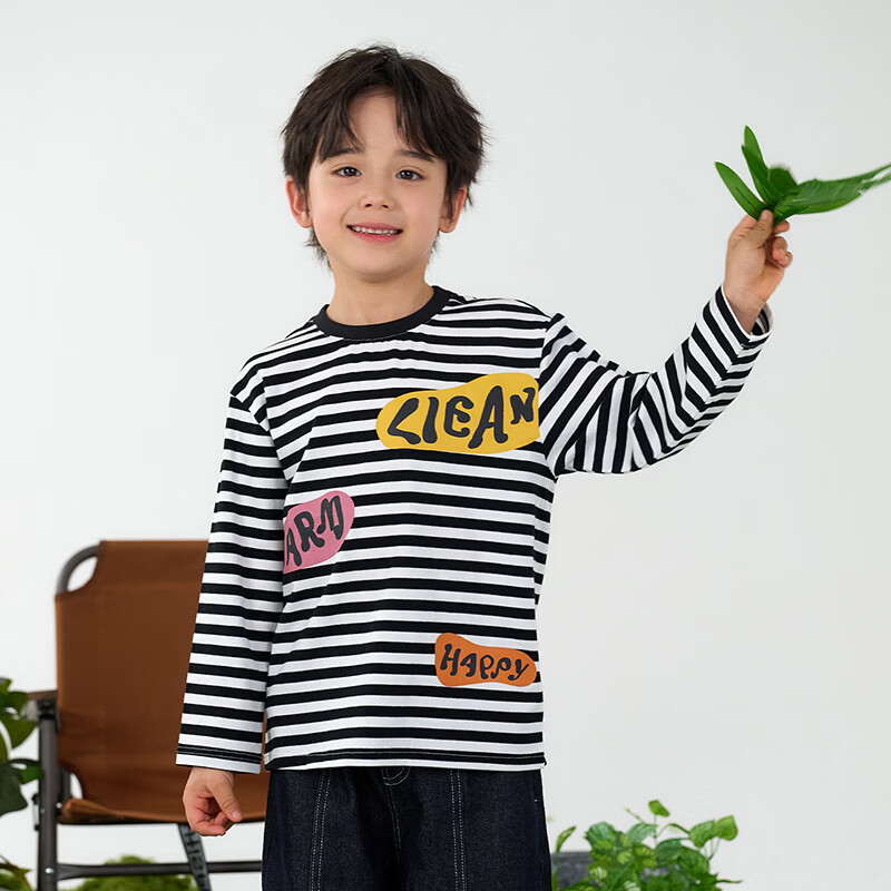 棉花堂（cottontown）【舒适棉氨】棉花堂儿童条纹长袖T恤抗菌春秋新款童装打底衫上衣 紫白条 90 90/52