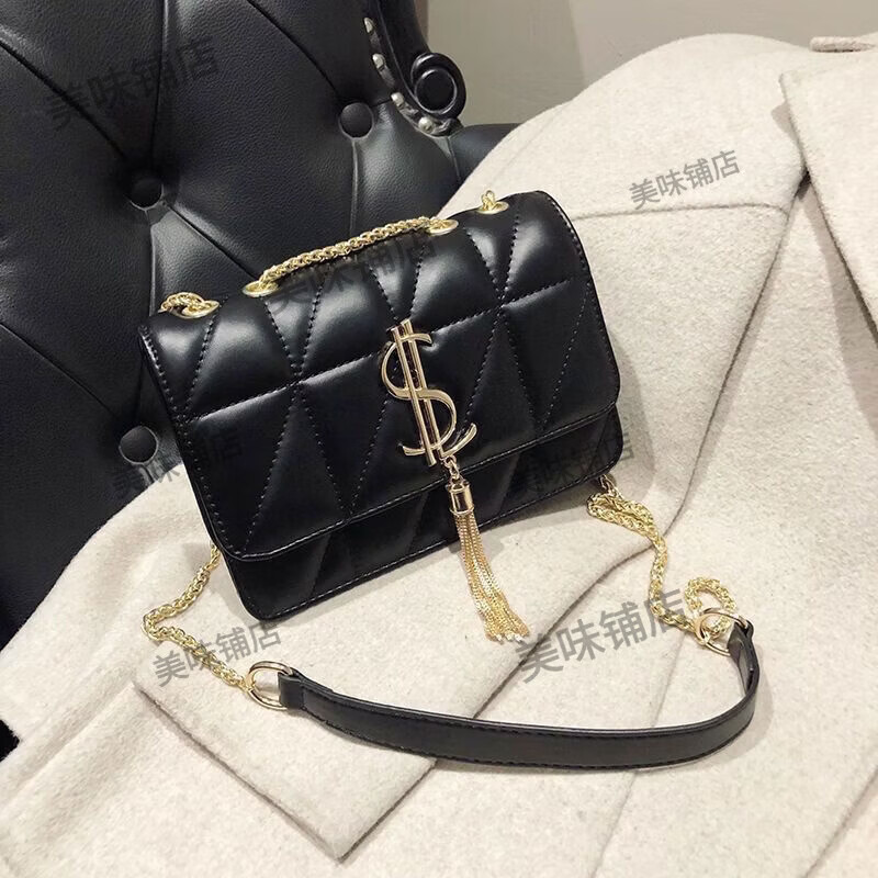 新货法国小ck轻奢包包女流苏菱格链小方包单肩斜挎包法式小众 黑色