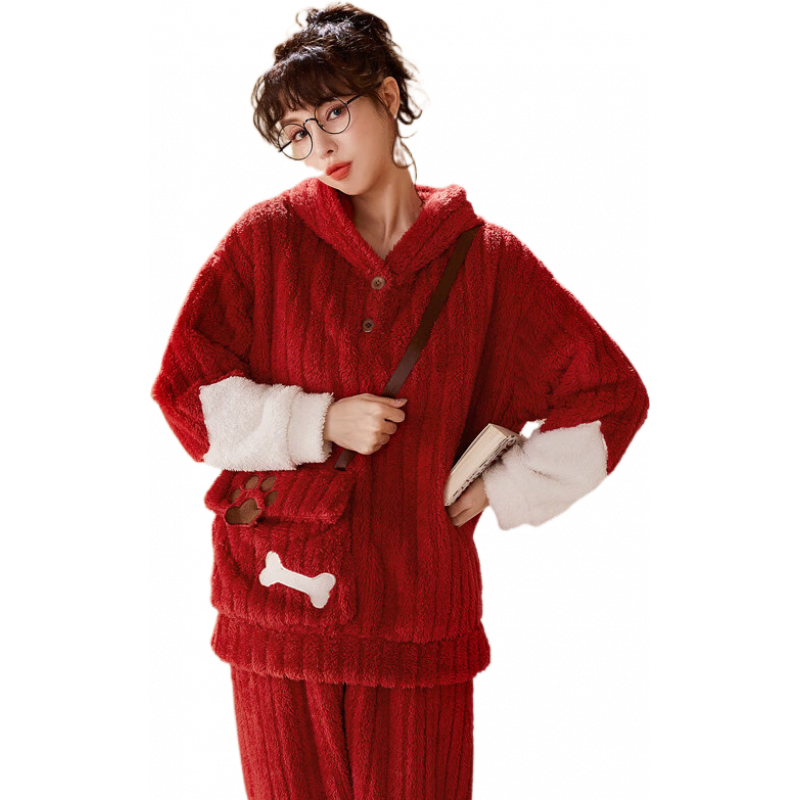 富妮来（lunilai）连帽睡衣保暖舒适家居服两件套少女宽松长袖可外穿冬 红白撞色 L