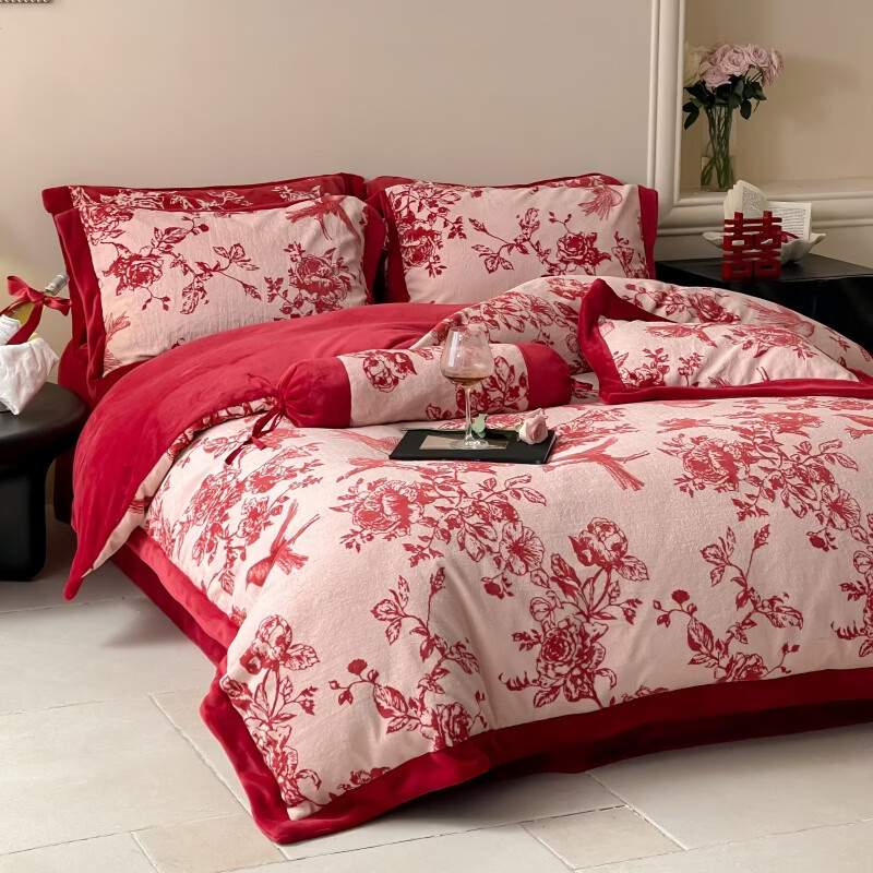 ROLAND LIVE加厚牛奶绒四件套红色喜庆秋冬保暖被套床单裸睡亲肤床上用品 YM 牛奶绒四件套-喜上枝头 1.5-1.8米床 |【被套200*230cm】