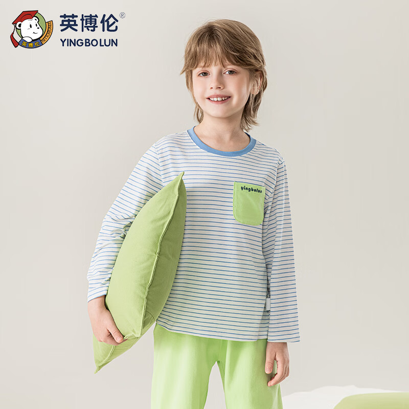 英博伦男童睡衣儿童纯棉家居服长袖套装26春秋款中大童秋衣秋裤 60577浅兰条 110