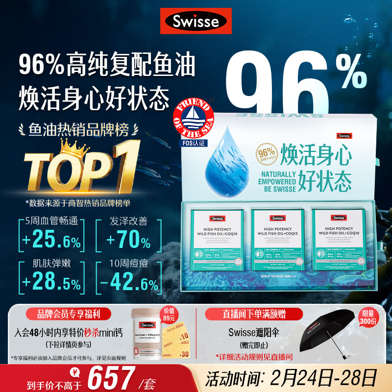 Swisse斯维诗96%高纯度深海鱼油辅酶Q10软胶囊60粒*3黑绷带鱼油年货礼盒