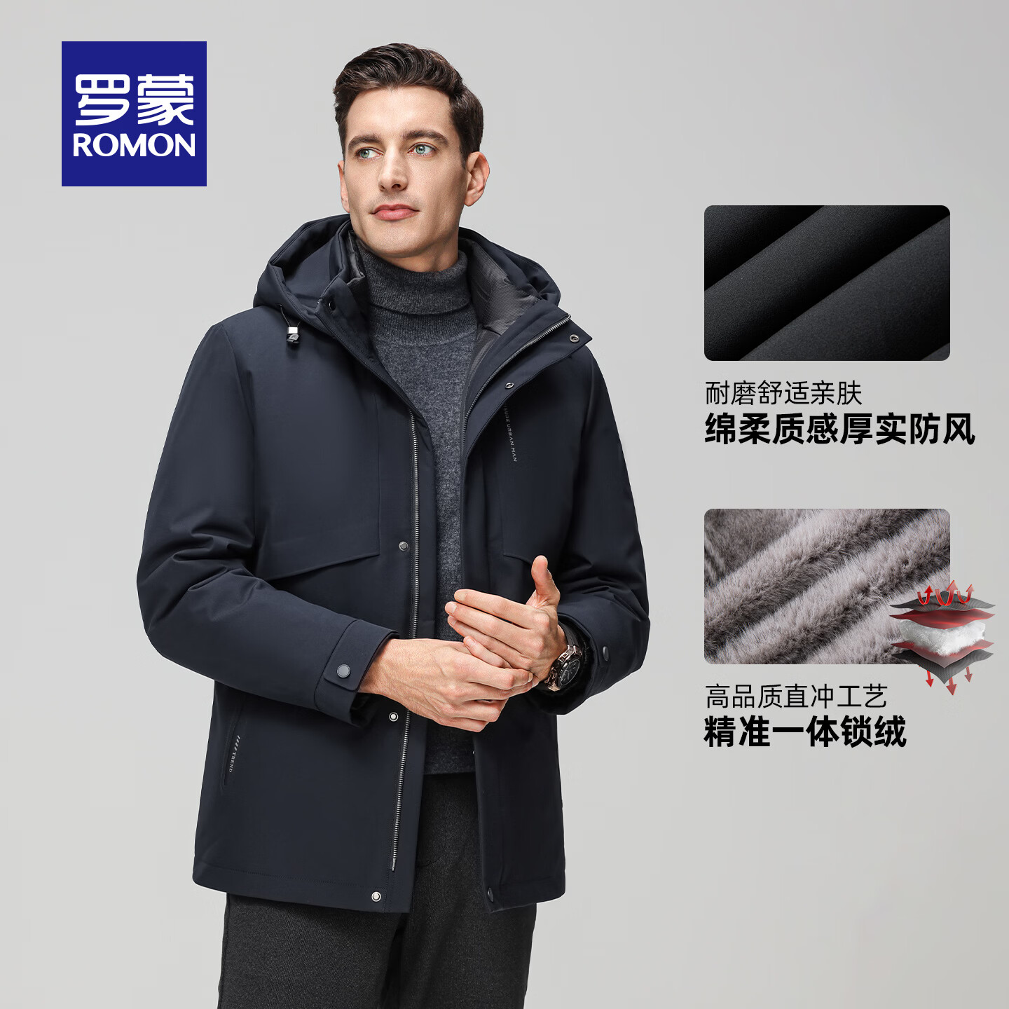 罗蒙(ROMON)【一衣多穿+鹅绒】羽绒服男新款中老年爸爸装加厚保暖干部装外套 25615黑色【连帽+可拆内胆】 M (170) 【建议100-120斤】