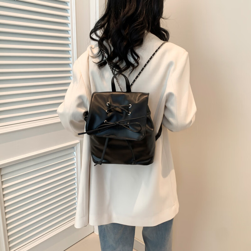 【严选百货】夏天包包女2024春季新款小清新串绳背包大容量休闲纯 黑色