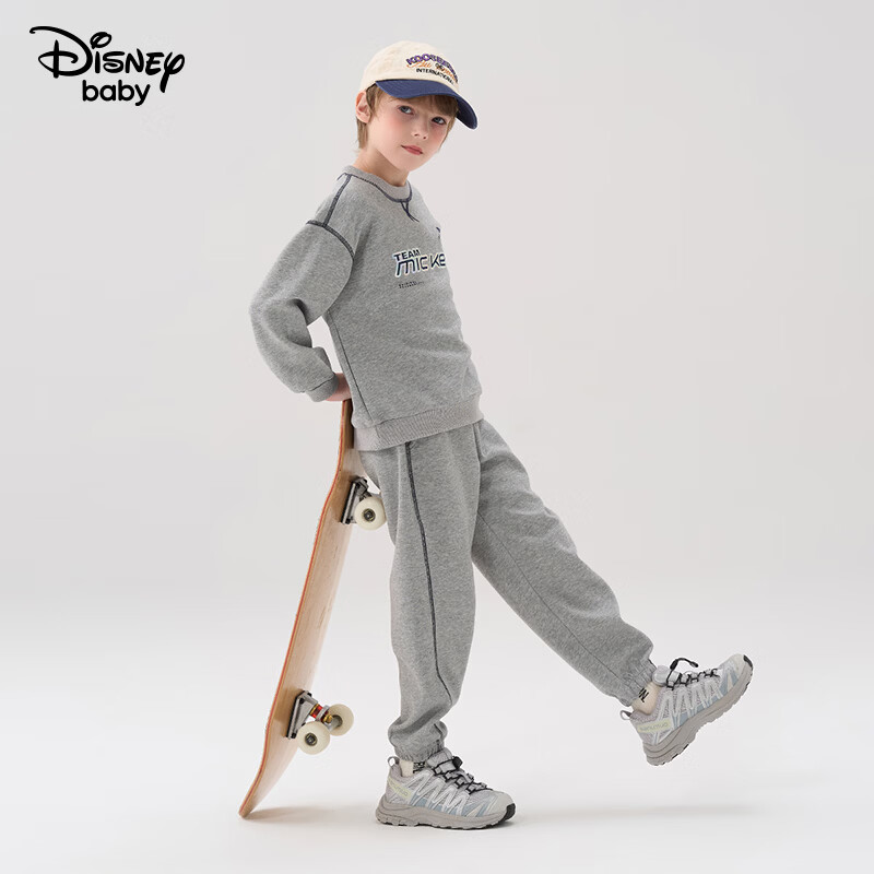 迪士尼（Disney）儿童时尚针织圆领套装2026春秋新款两件套洋气上衣休闲长裤子童装 中麻灰 160  高155-160cm重85-100斤