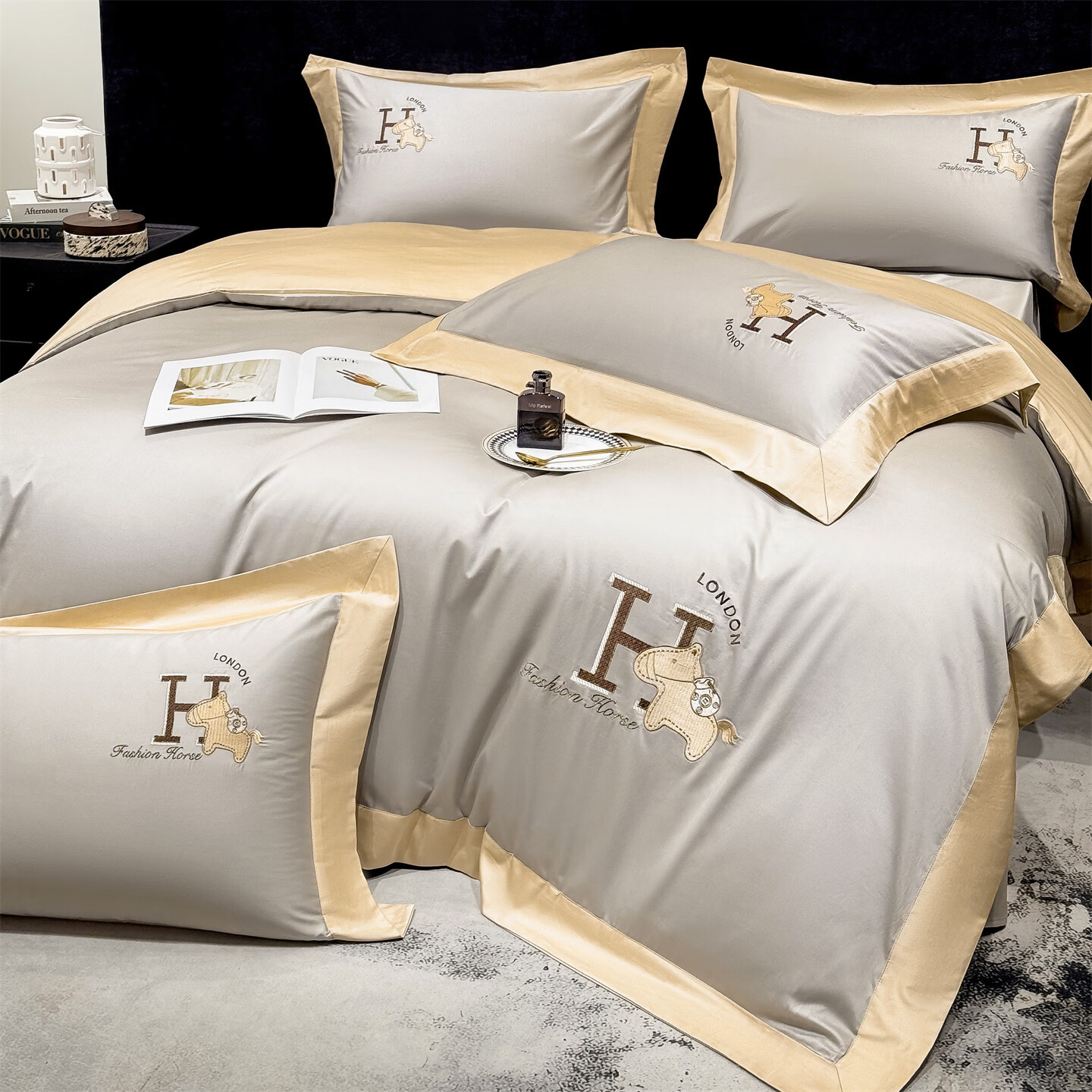 160支长绒棉四件套100%纯棉刺绣26年新款四季通用亲肤床上四件套 萌马-铂金灰 1.5m 床单款 被套200*230cm四件套