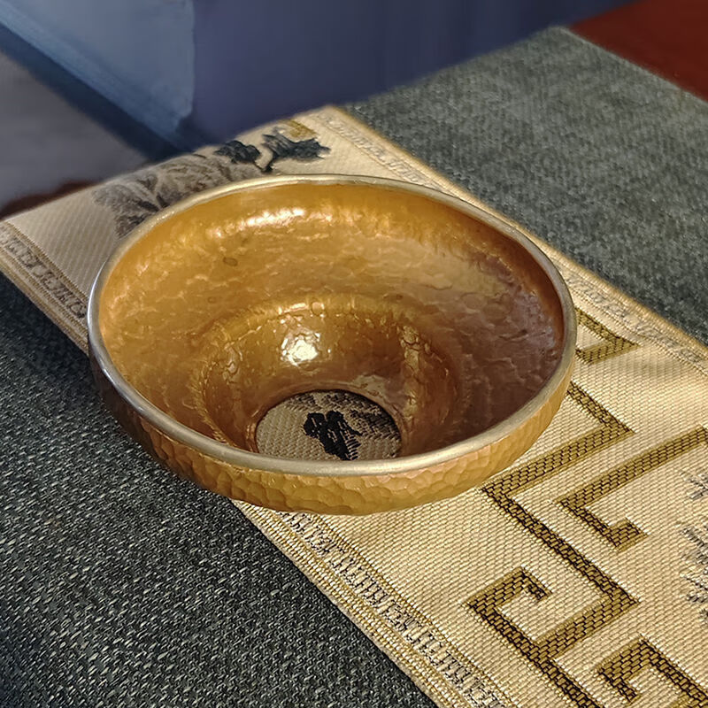 日式复古纯紫铜包锡边投茶器手工锤纹茶滤漏斗茶漏导茶器茶具配件 包锡边投茶器(黄色)